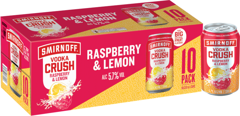 Smirnoff Crush Raspberry and Lemon 330mL Can 10 Pack