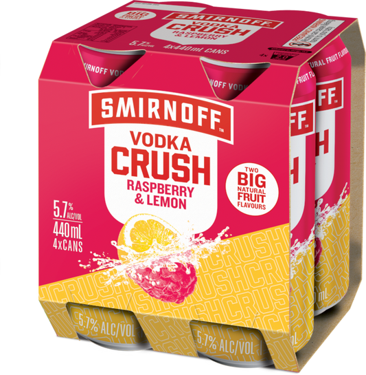 Smirnoff Crush Raspberry and Lemon 440mL Can 4pack